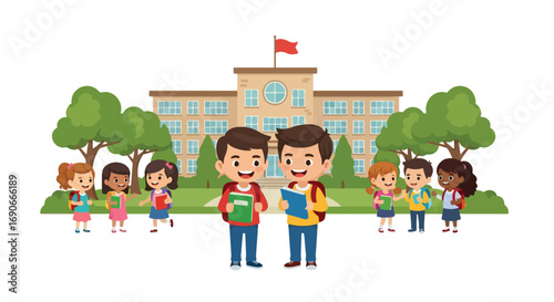 Adobe illustrator artwork vector illustration: Diverse group of happy elementary students, including two boys holding books, stand cheerfully in front of a traditional school building