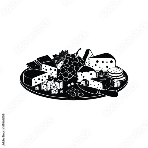 Artistic illustration of gourmet cheese platter with grapes and jam appetizer vector