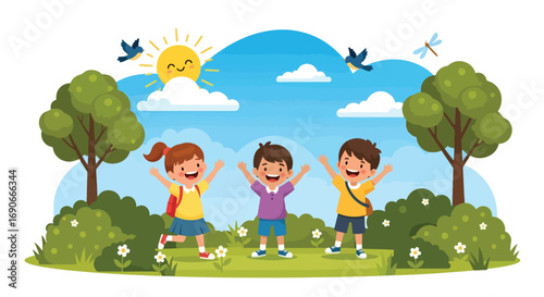 Adobe illustrator artwork vector illustration: Three joyful children with raised arms play happily outdoors in a vibrant park setting under a sunny sky with birds and a dragonfly
