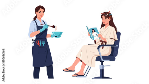 Professional hairstylist carefully mixing hair dye in a salon bowl while client reads a magazine in a chair