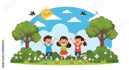 Adobe illustrator artwork vector illustration: Three joyful children with raised arms play happily outdoors in a vibrant park setting under a sunny sky with birds and a dragonfly
