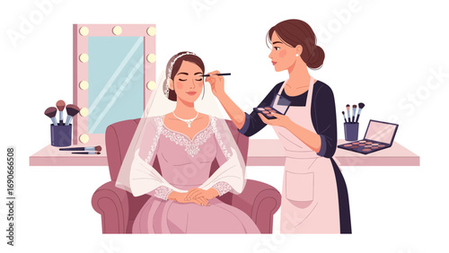 Professional makeup artist applying cosmetics to a woman sitting in a chair in a beauty salon with a mirror and makeup tools