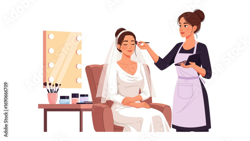 Professional makeup artist applying bridal makeup to a happy bride in a white wedding dress with makeup brushes and products on a table
