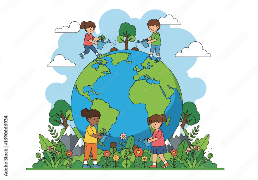 Obraz premium Adobe illustrator artwork vector illustration: Cheerful children and a dog plant trees around a large Earth globe, promoting environmental conservation with shovels and a watering can
