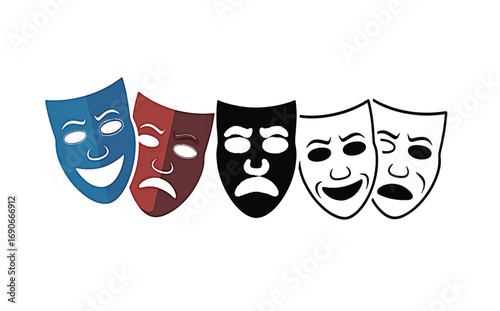 Set of expressive theatrical masks depicting various emotions, from joy to sorrow, symbolizing performance and drama