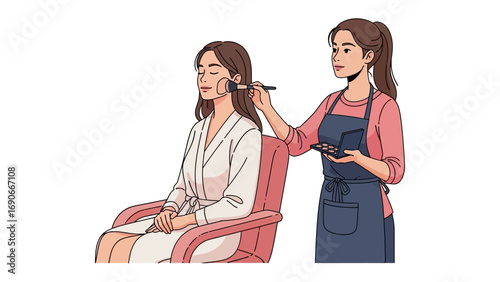 Young woman artist applying makeup to a client sitting in a salon chair with a brush and palette