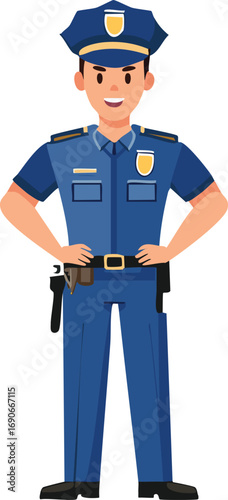 A friendly cartoon police officer in a blue uniform standing confidently with hands on his hips against a white background.