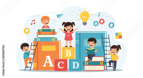 Adobe illustrator artwork vector illustration: Happy children engage in various learning activities around giant books, alphabet blocks, and a ladder, symbolizing education, knowledge