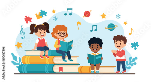 Adobe illustrator artwork vector illustration: Happy children engage in various learning activities around giant books, alphabet blocks, and a ladder, symbolizing education, knowledge