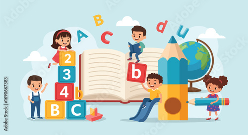 Adobe illustrator artwork vector illustration: Happy children interact with oversized school supplies like books, pencils, number and alphabet blocks, and a globe, promoting early education