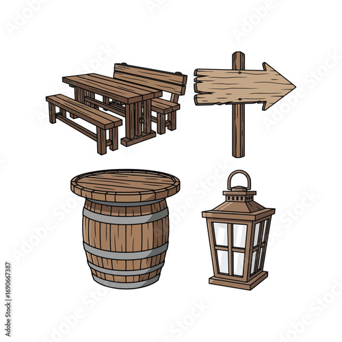Rustic wooden elements picnic table barrel signpost lantern outdoor decor design assets vector