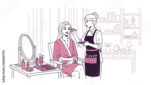 A professional makeup artist carefully applies cosmetics to a client sitting in a chair wearing a pink robe in a well lit beauty salon setting