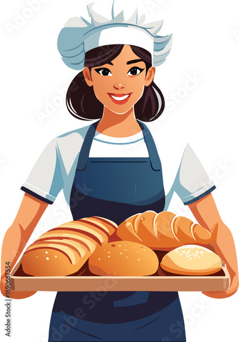 A cheerful female baker wearing a chef's hat and apron presents a wooden tray filled with various freshly baked bread and pastries.