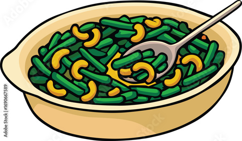 Delicious bowl of sautéed green beans mixed with crunchy cashew nuts, served hot with a spoon, perfect for healthy meal, vegan cuisine, side dish, farm fresh food, editable EPS file included.