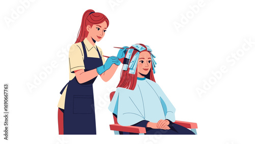 Hair Salon Transformation: A skilled stylist meticulously applies hair color to a client's hair in a clean, modern salon environment, embodying the art of beauty and the power of transformation.