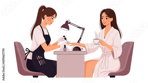 Young woman receiving a professional manicure from a skilled nail technician in a bright modern salon setting with comfortable seating and a desk lamp