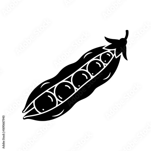 Black and white icon of an open pea pod with peas