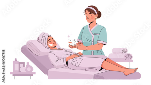 Skilled aesthetician applies a refreshing facial treatment to a relaxed client lying on a spa bed in a clean bright treatment room