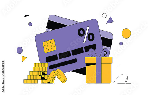 Financial illustration featuring credit cards, a gift box, and coins, representing rewards and savings in a flat design