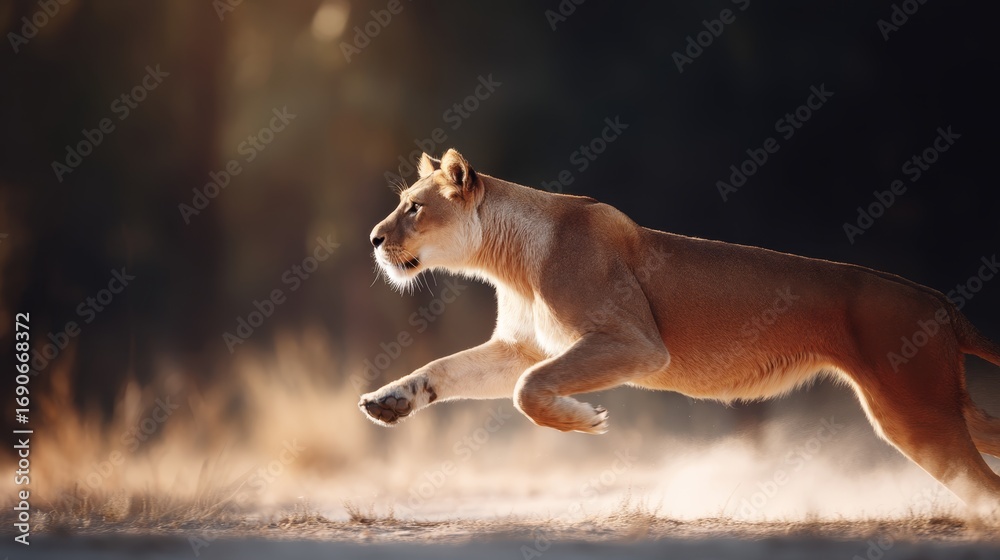Obraz premium Majestic lioness sprinting across the dusty savanna at sunset with a golden glow and dynamic movement in a captivating african landscape