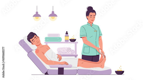 Professional beautician performing a relaxing facial treatment on a contented client in a modern spa setting