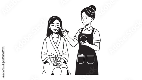 Young woman receiving makeup application from a professional artist in a salon or spa setting illustration style