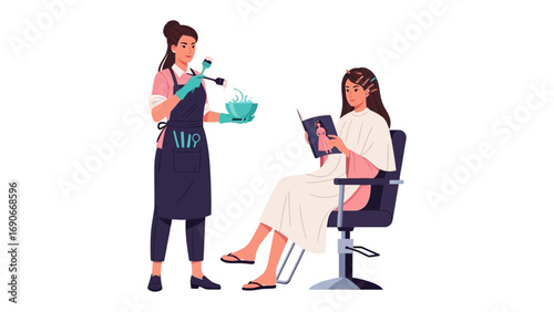 Hairdresser preparing to wash a client s hair while the client reads a book in a salon chair
