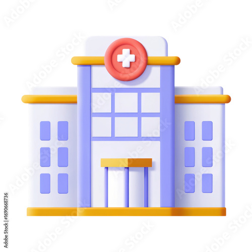 Hospital building icon with medical cross symbol, colorful 3D render of healthcare center, bright and clean design