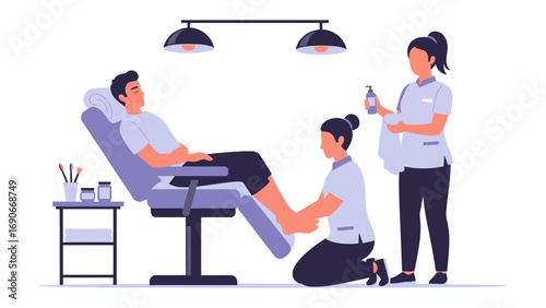 Man receiving professional pedicure treatment from two attentive female technicians in a modern salon setting with specialized equipment and lighting