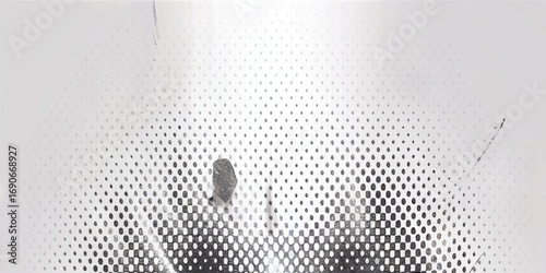 Abstract black and white halftone texture with chaotic blotches and gradient dots forming dynamic visual depth.