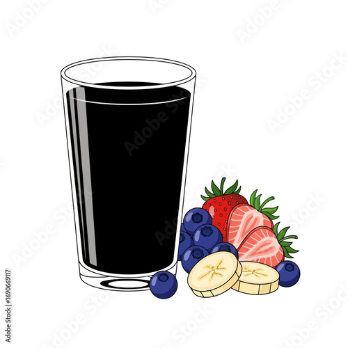 Fresh berry and banana smoothie with a glass of dark juice