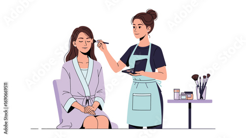 Professional makeup artist applying cosmetics to a young woman sitting in a chair wearing a robe in a beauty salon setting