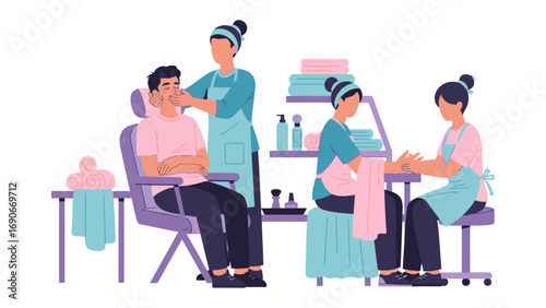 Diverse group of people receiving beauty treatments in a modern salon showcasing professional services like eyebrow shaping and manicures