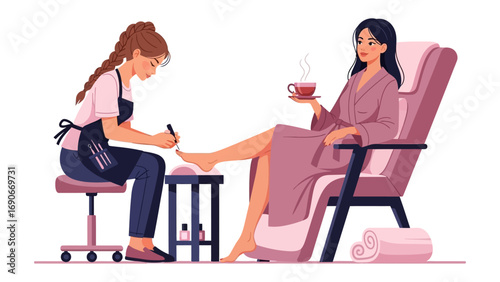 Young woman relaxing in a comfortable chair receiving a professional pedicure treatment from a skilled technician