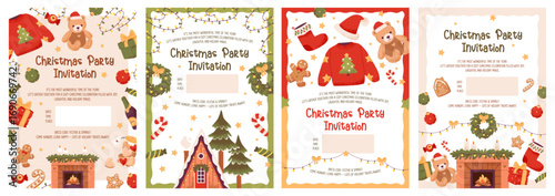 Christmas invitations design with gifts, gingerbread, and party xmas decor. Cozy festive postcards with Christmas tree, Santa hat, garland. Flat vector illustration holiday greeting cards.