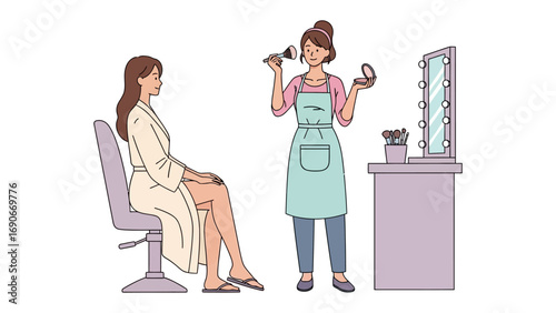 Makeover Moment: A cosmetologist applies makeup, a detailed look at the delicate art of the makeover, with the woman in a relaxed pose ready for the transformative process.
