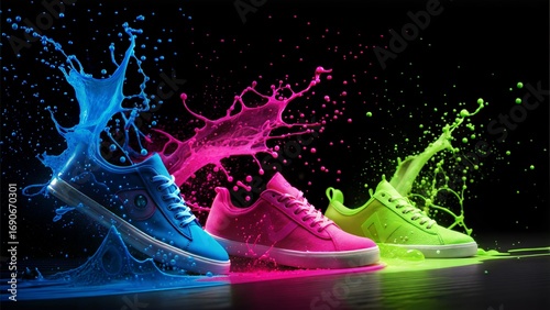 Vibrant Neon Sneakers in Motion with Dynamic Paint Splashes on Black Background