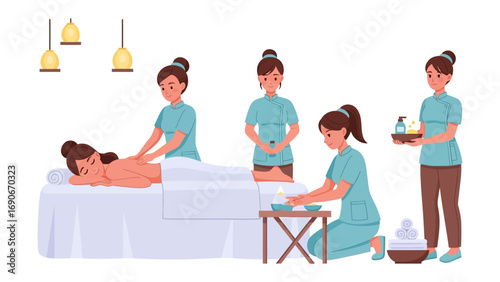 Diverse group of skilled female massage therapists providing various spa treatments and wellness services to clients in a serene and relaxing environment