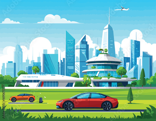 Futuristic Cityscape with Modern Buildings and Cars.