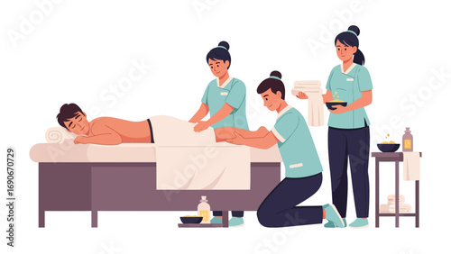 Skilled massage therapists providing a relaxing full body massage to a client lying on a treatment bed in a serene spa setting