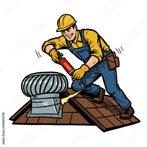 Roofer applying caulk to roof vent while working on the rooftop  