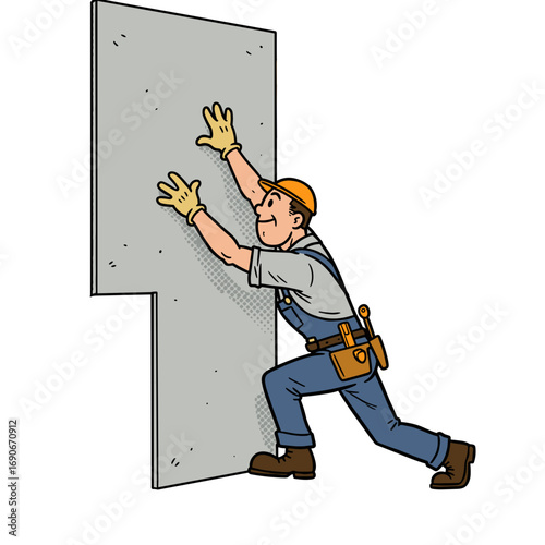 Construction worker installing soundproof drywall with effort  