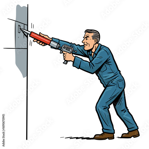 Worker applying insulation sealant with caulking gun against wall  