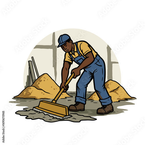 Black worker smoothing screed in warehouse with sand piles  