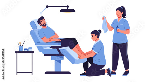 Professional podiatrist carefully examining and treating a male patient s foot while another medical assistant stands by with supplies