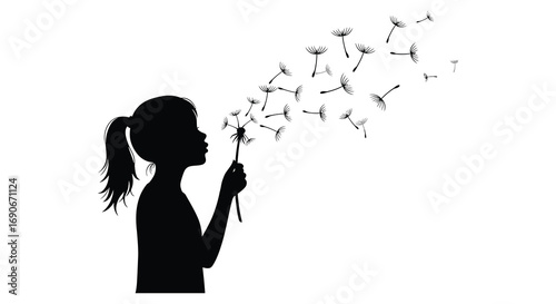 a girl blowing dandelion seeds into the air