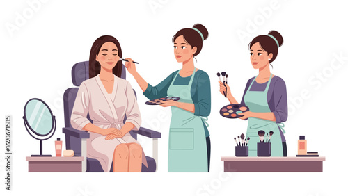 Professional makeup artist applying makeup to a young woman in a beauty salon with another artist preparing tools and products on a white background