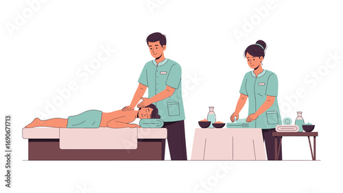 Skilled male therapist gently massaging a relaxed patient s head on a massage table while a female therapist prepares oils and lotions at a nearby station