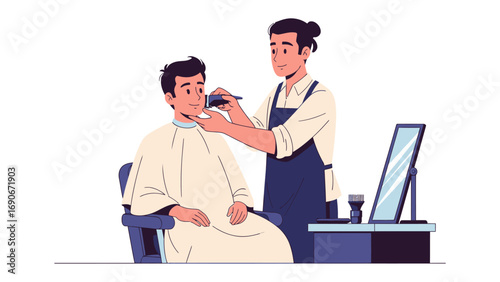 Professional barber carefully trimming a man s beard and mustache with scissors in a modern salon setting