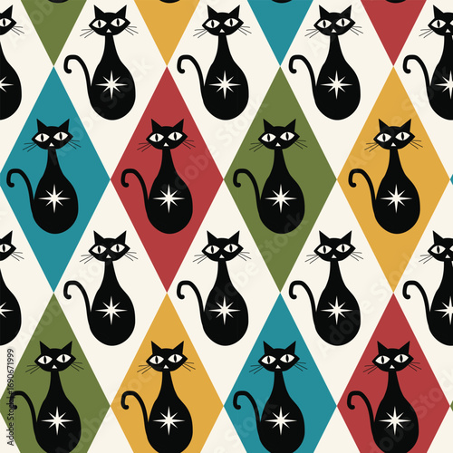 Mid Century Black Modern Atomic cats on retro diamonds seamless pattern in avocado green, brick red, teal and mustard yellow. For home décor, wallpaper and fabric